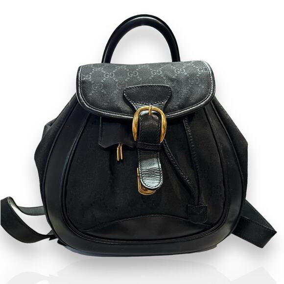GUCCI Vintage Black Signature Jacquard & Leather Trim Backpack - Picture 1 of 16